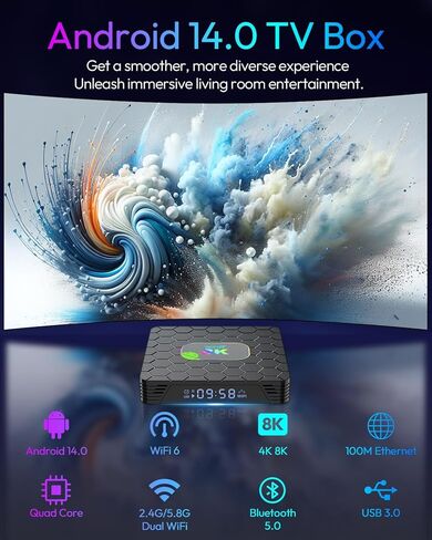 Android 14 TV Box 2025 4GB RAM 32GB ROM، TV Box Android 4K 6K 8K WiFi6 2.4G 5.8G Dual WiFi RK3528 وحدة المعالجة المركزية رباعية النواة، صندوق تلفزيون ذكي مع بلوتوث 5.0 USB 3.0 100M Ethernet in Kuwait
