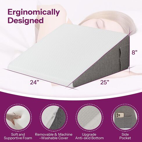 Bed Wedge Pillow with Memory Foam Top for Sleeping, 8 Inch Elevated Support Triangle Pillow for Reading and Rest, Bed Pillow for Legs and Back Support with Washable Cover in Kuwait