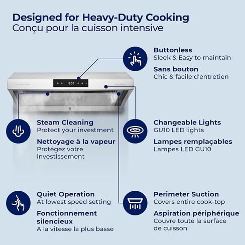 Hauslane | Chef Series Range Hood 30" PS38 PRO PERFORMANCE Stainless Steel Slim Under Cabinet Range Hood Design | Steam Auto Clean, Touch Panel | Superior Perimeter Aspiration Extraction in Kuwait