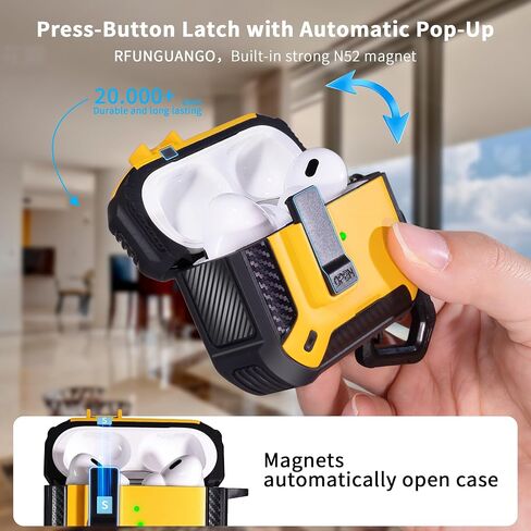 RFUNGUANGO for AirPods Pro 2 Case with Lock Magnetic Lid MagSafe, Black | Compatible with Apple AirPods Pro 2nd/1st Generation Case with Cleaner Kit & Keychain, Drop-proof in Kuwait