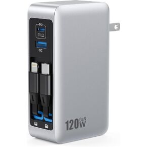 كتلة شاحن USB C بقدرة 120 وات مع كابلين مدمجين قابلين للسحب، شاحن 4 في 1 GaN IV شحن سريع شاحن حائط قابل للطي، شاحن كمبيوتر محمول PD 65 وات لأجهزة MacBook وiPad وiPhone 17/16/15/14 وGalaxy وAndroid وغيرها in Kuwait