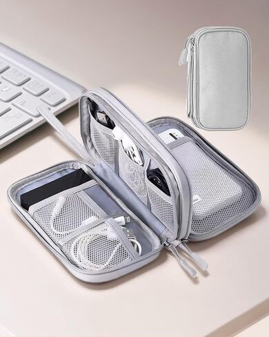 Multi Travel Cable Organizer Pouch, Portable Travel Storage Bag for Cables, Chargers, Earphones, Phones, and Accessories, Double-Layer Design, Gray in Saudi Arabia