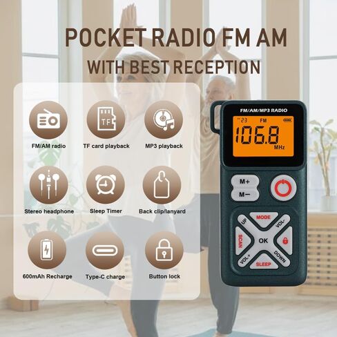 راديو Pocket am fm محمول مع سماعات رأس ستيريو، ضبط رقمي لراديو ترانزستور صغير مع استقبال ممتاز، فتحة TF، بطارية USB-C قابلة لإعادة الشحن، مشبك حزام للمشي، الركض (أخضر) in Saudi Arabia