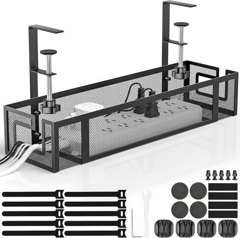 Under Desk Cable Management Tray - GZOKMOG No Drill Cord Organizer with Clamp, Reinforced Metal Mesh Workspace Organizers for Wire, Office Desk Accessories, 1 Pack Black, 15.75 inch in Saudi Arabia