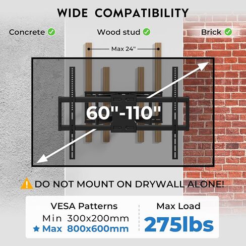 Heavy Duty TV Wall Mount with Extra Long Extendable Arm for 60–110 Inch TVs, Holds Up to 275lbs, Full Motion Bracket with Corner Swivel and Tilt, Max VESA 800x600mm, Fits 24" Studs, Wide Compatibility in Saudi Arabia