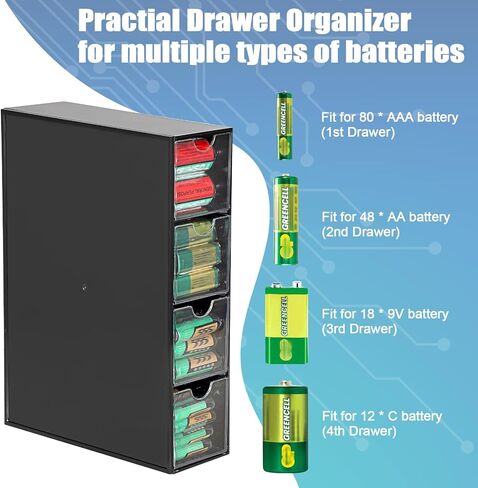 BTSKY 1 Pack Black Acrylic Battery Storage Organizer for AA, AAA, 9V, C Batteries, 4-Drawer Storage Box Battery Holder Organizer for Common Types Batteries, Household Container(Batteries Not Included) in Saudi Arabia