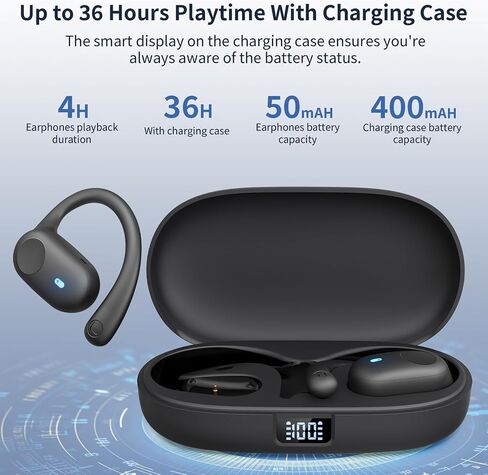 Open Ear Headphones, Bluetooth Headphones 5.3 Sports with Smart Digital Display, 36H Playtime, IP54 Waterproof, Wireless Earbuds Lightweight Design Fit Cycling, Running, Workout (Black) in Saudi Arabia