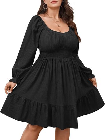 Plus Size Mini Cocktail Dress for Curvy Women Long Sleeve Sweetheart Neckline Ruffle Hem Smocked Flowy Fall Dresses in Saudi Arabia