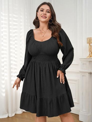 Plus Size Mini Cocktail Dress for Curvy Women Long Sleeve Sweetheart Neckline Ruffle Hem Smocked Flowy Fall Dresses in Saudi Arabia
