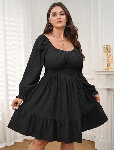 Plus Size Mini Cocktail Dress for Curvy Women Long Sleeve Sweetheart Neckline Ruffle Hem Smocked Flowy Fall Dresses in Saudi Arabia