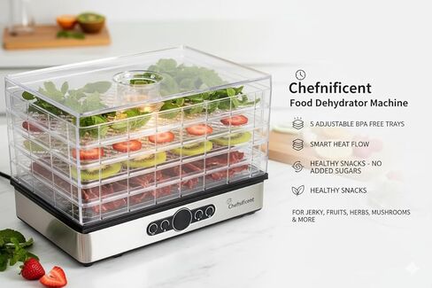 Food Dehydrator Machine with 5 Adjustable Trays, Rapid 4 Hour Drying, BPA Free Fruit Dryer for Jerky, Herbs, Mushrooms, Freeze Dryer Alternative for Healthy Snack Preparation in Kuwait