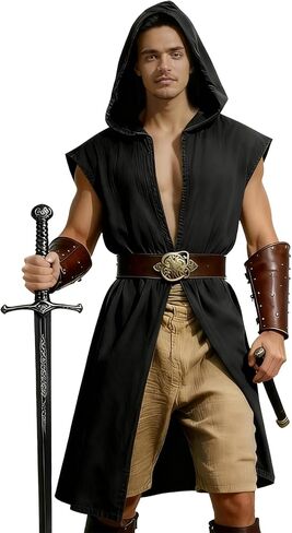 Medieval Costume Men Viking Hooded Sleeveless Surcoat, Mens Renaissance Costume Cloak for Halloween Assassin Cosplay in Saudi Arabia