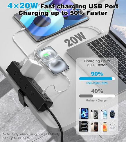 Desk Clamp Power Strip, 40W Total Fast Charging Station, Desk Edge Mount Power Strip, 8 USB Ports(4 USB C) & 8 AC Outlets, Fit 1.9" Tabletop Edge(6Ft 14AWG Cable) in Saudi Arabia