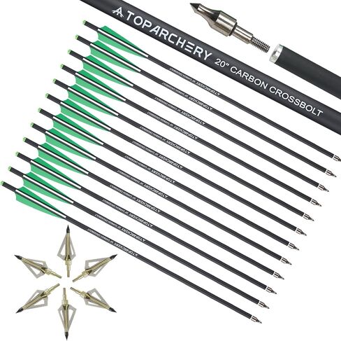 TOPARCHERY 20 بوصة من مسامير القوس والنشاب الكربونية 12 حزمة و6 مجموعات من رؤوس القوس والنشاب - سهام القوس والنشاب الممتازة مع دوارات 4 بوصة ونصائح ميدانية قابلة للإزالة للصيد والممارسة في الهواء الطلق in Kuwait