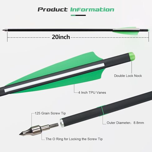 TOPARCHERY 20 بوصة من مسامير القوس والنشاب الكربونية 12 حزمة و6 مجموعات من رؤوس القوس والنشاب - سهام القوس والنشاب الممتازة مع دوارات 4 بوصة ونصائح ميدانية قابلة للإزالة للصيد والممارسة في الهواء الطلق in Kuwait