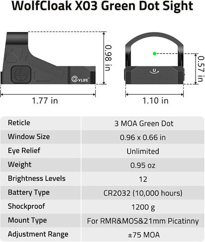 CVLIFE WolfCloak X03 Motion Awake Green Dot Sight for RMR Footprint, 3 MOA Reflex Sight with 0.33" Ultra-Low Profile & 24mm Lens for Full-Sized Pistols, Optics Adapter for MOS & 21mm Picatinny Base in Saudi Arabia