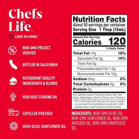 Chefs Life Cooking Oil - Gourmet Oil for Cooking, Blend of Olive Oil, Avocado Oil, Sunflower Oil & Grapeseed Oil, Non GMO - 25.4 Fl Oz Squeezable Bottle (1 Pack) in Saudi Arabia
