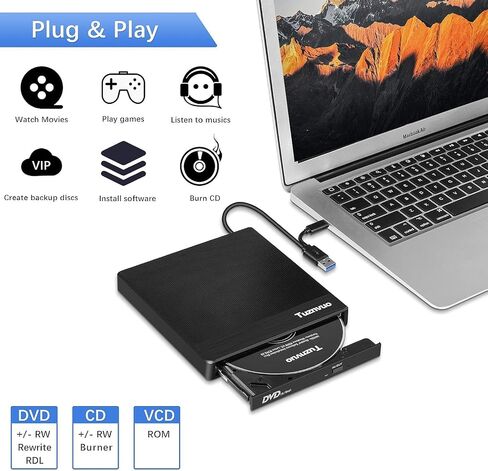 محرك أقراص CD/DVD خارجي لأجهزة الكمبيوتر المحمول، USB 3.0 وUSB C CD ناسخ/قارئ، التوصيل والتشغيل متوافق مع Windows 11/10/Mac OS/Linux، مشغل DVD لأجهزة الكمبيوتر المحمول، PC MacBook in Saudi Arabia