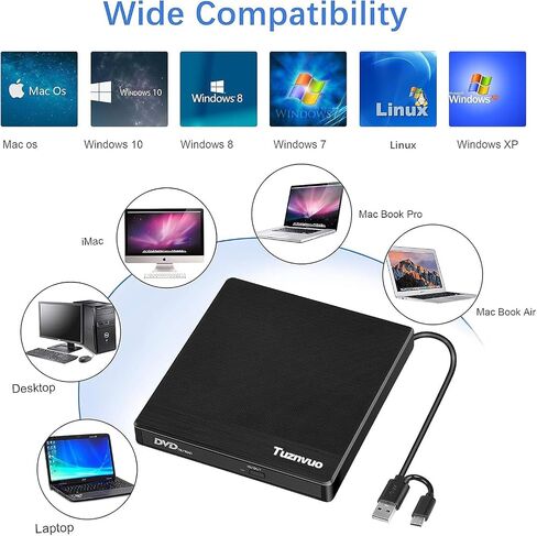 محرك أقراص CD/DVD خارجي لأجهزة الكمبيوتر المحمول، USB 3.0 وUSB C CD ناسخ/قارئ، التوصيل والتشغيل متوافق مع Windows 11/10/Mac OS/Linux، مشغل DVD لأجهزة الكمبيوتر المحمول، PC MacBook in Saudi Arabia