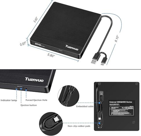 محرك أقراص CD/DVD خارجي لأجهزة الكمبيوتر المحمول، USB 3.0 وUSB C CD ناسخ/قارئ، التوصيل والتشغيل متوافق مع Windows 11/10/Mac OS/Linux، مشغل DVD لأجهزة الكمبيوتر المحمول، PC MacBook in Saudi Arabia