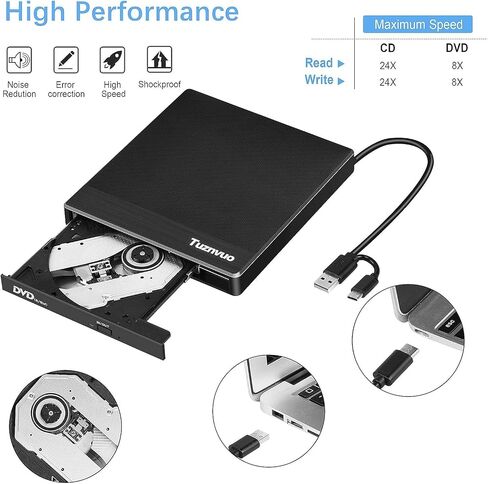 محرك أقراص CD/DVD خارجي لأجهزة الكمبيوتر المحمول، USB 3.0 وUSB C CD ناسخ/قارئ، التوصيل والتشغيل متوافق مع Windows 11/10/Mac OS/Linux، مشغل DVD لأجهزة الكمبيوتر المحمول، PC MacBook in Saudi Arabia