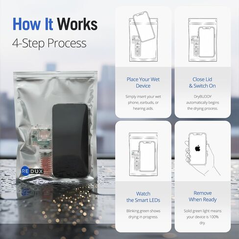 DryBUDDY Mini - Single Use Wet Phone Repair Device - Desiccant Moisture Removal for Water Damage - Heat-Free Rapid Dryer for Cell Phones, Electronics, Hearing Aids - with Smart LED Indicators in Saudi Arabia