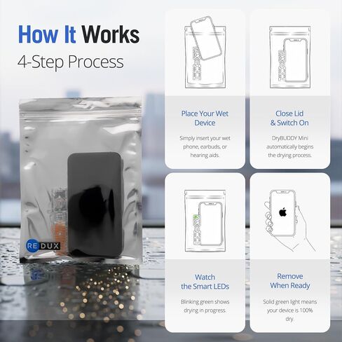 DryBUDDY Mini - جهاز إصلاح الهواتف الرطبة للاستخدام مرة واحدة - إزالة الرطوبة المجففة من أضرار المياه - مجفف سريع خالٍ من الحرارة للهواتف المحمولة والإلكترونيات وأدوات السمع - مع مؤشرات LED ذكية in Kuwait