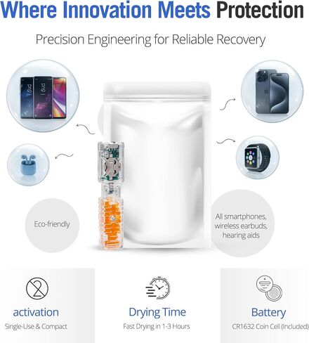 DryBUDDY Mini - جهاز إصلاح الهواتف الرطبة للاستخدام مرة واحدة - إزالة الرطوبة المجففة من أضرار المياه - مجفف سريع خالٍ من الحرارة للهواتف المحمولة والإلكترونيات وأدوات السمع - مع مؤشرات LED ذكية in Kuwait