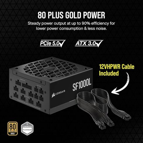 مزود طاقة SFX معياري بقدرة 1000 واط من Corsair - ATX 3.0، PCIe 5.0، مروحة هادئة 120 مم، 80 Plus Gold، وضع Zero RPM، مكثفات 105 درجة مئوية - أسود (متجدد) in Saudi Arabia