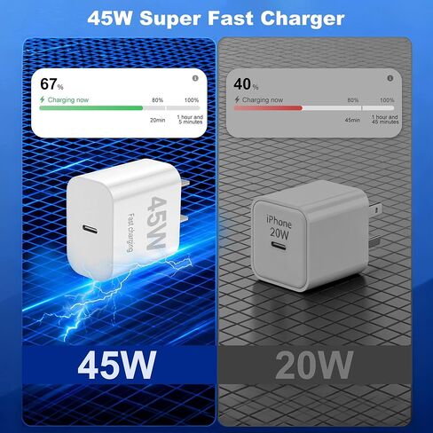 شاحن iPhone 17 16 15 Pro Max شحن سريع، كتلة شحن USB C فائقة السرعة 45 وات مع سلك كابل من النوع C بطول 6 أقدام، متوافق مع iPhone 17 16 15/17 16 15 pro/17 air in Kuwait