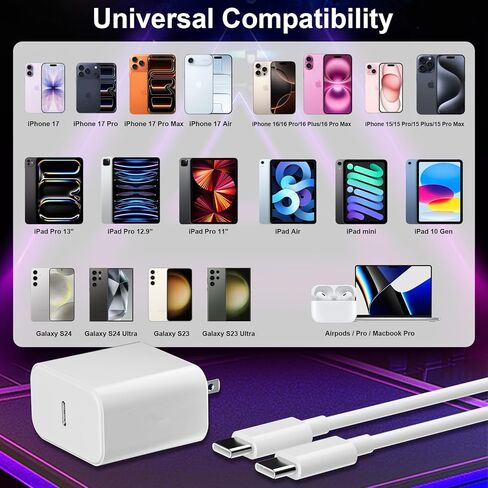 شاحن iPhone 17 16 15 Pro Max شحن سريع، كتلة شحن USB C فائقة السرعة 45 وات مع سلك كابل من النوع C بطول 6 أقدام، متوافق مع iPhone 17 16 15/17 16 15 pro/17 air in Kuwait