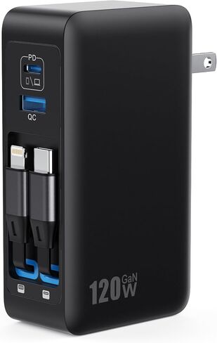 USB C Charger Block 120W with Built-in 2 Retractable Cables,4-in-1 GaN IV Charger Fast Charging Foldable Plug Wall Charger,PD 65W Laptop Charger for MacBook,iPad,iPhone 17/16/15/14,Galaxy,Android etc in Saudi Arabia