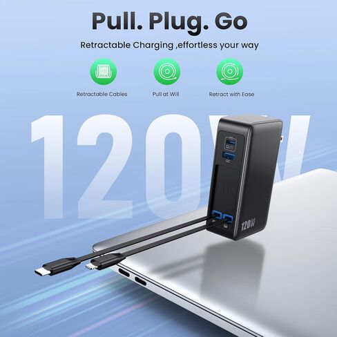 USB C Charger Block 120W with Built-in 2 Retractable Cables,4-in-1 GaN IV Charger Fast Charging Foldable Plug Wall Charger,PD 65W Laptop Charger for MacBook,iPad,iPhone 17/16/15/14,Galaxy,Android etc in Saudi Arabia
