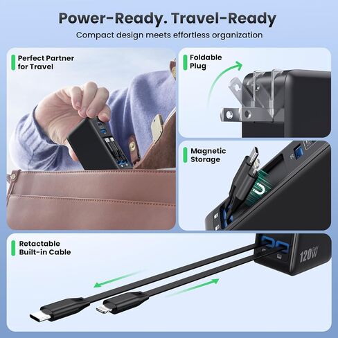 USB C Charger Block 120W with Built-in 2 Retractable Cables,4-in-1 GaN IV Charger Fast Charging Foldable Plug Wall Charger,PD 65W Laptop Charger for MacBook,iPad,iPhone 17/16/15/14,Galaxy,Android etc in Saudi Arabia