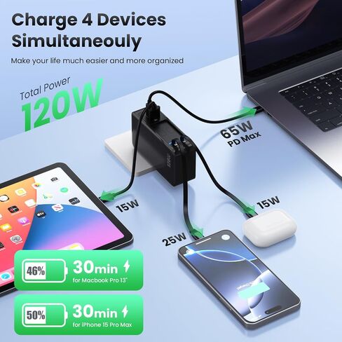 USB C Charger Block 120W with Built-in 2 Retractable Cables,4-in-1 GaN IV Charger Fast Charging Foldable Plug Wall Charger,PD 65W Laptop Charger for MacBook,iPad,iPhone 17/16/15/14,Galaxy,Android etc in Saudi Arabia