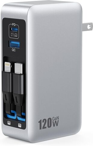 كتلة شاحن USB C بقدرة 120 وات مع كابلين مدمجين قابلين للسحب، شاحن 4 في 1 GaN IV شحن سريع شاحن حائط قابل للطي، شاحن كمبيوتر محمول PD 65 وات لأجهزة MacBook وiPad وiPhone 17/16/15/14 وGalaxy وAndroid وغيرها in Kuwait