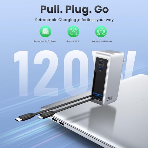 كتلة شاحن USB C بقدرة 120 وات مع كابلين مدمجين قابلين للسحب، شاحن 4 في 1 GaN IV شحن سريع شاحن حائط قابل للطي، شاحن كمبيوتر محمول PD 65 وات لأجهزة MacBook وiPad وiPhone 17/16/15/14 وGalaxy وAndroid وغيرها in Kuwait