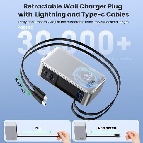 كتلة شاحن USB C بقدرة 120 وات مع كابلين مدمجين قابلين للسحب، شاحن 4 في 1 GaN IV شحن سريع شاحن حائط قابل للطي، شاحن كمبيوتر محمول PD 65 وات لأجهزة MacBook وiPad وiPhone 17/16/15/14 وGalaxy وAndroid وغيرها in Kuwait