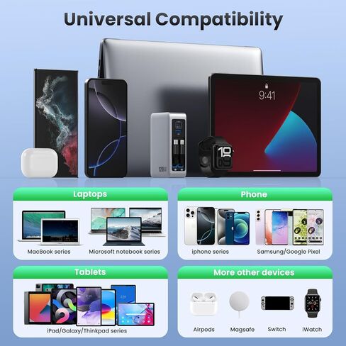 كتلة شاحن USB C بقدرة 120 وات مع كابلين مدمجين قابلين للسحب، شاحن 4 في 1 GaN IV شحن سريع شاحن حائط قابل للطي، شاحن كمبيوتر محمول PD 65 وات لأجهزة MacBook وiPad وiPhone 17/16/15/14 وGalaxy وAndroid وغيرها in Kuwait