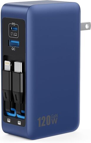 كتلة شاحن USB C بقدرة 120 وات مع كابلين مدمجين قابلين للسحب، شاحن 4 في 1 GaN IV شحن سريع شاحن حائط قابل للطي، شاحن كمبيوتر محمول PD 65 وات لأجهزة MacBook وiPad وiPhone 17/16/15/14 وGalaxy وAndroid وغيرها in Kuwait