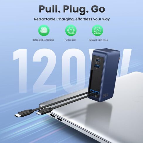 كتلة شاحن USB C بقدرة 120 وات مع كابلين مدمجين قابلين للسحب، شاحن 4 في 1 GaN IV شحن سريع شاحن حائط قابل للطي، شاحن كمبيوتر محمول PD 65 وات لأجهزة MacBook وiPad وiPhone 17/16/15/14 وGalaxy وAndroid وغيرها in Kuwait