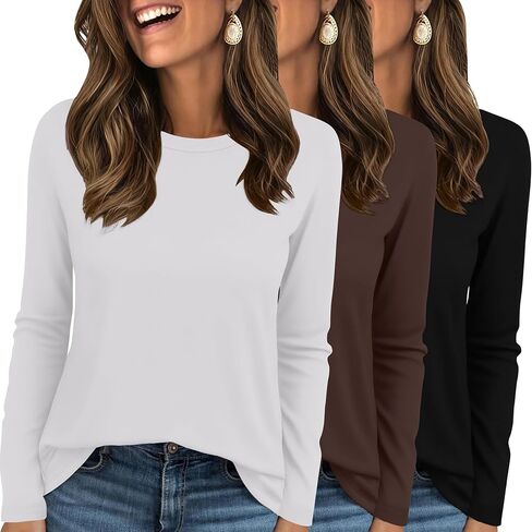 Ekouaer Womens Long Sleeve Shirts 3 Pack Crew Neck Thermal Tops Loose Fit Undershirt Base Layer Trendy Clothes XS-XXL in Saudi Arabia