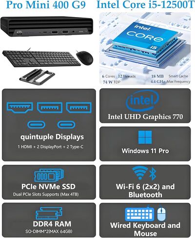 كمبيوتر مكتبي HP Pro Mini 400 G9 Business Mini، Intel 6-Core i5-12500T (Beat i7-11700T)، ذاكرة الوصول العشوائي DDR4 سعة 16 جيجابايت، 512 جيجابايت PCIe SSD، WiFi 6، بلوتوث، 2 نوع C، HDMI، 2 DisplayPort، Windows 11 Pro، Vent-Hear in Kuwait