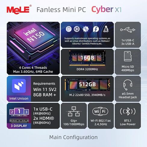MeLE Fanless Mini PC N150 16GB RAM DDR4 512GB SSD، Win11 Pro كمبيوتر مكتبي صغير صغير Cyber ​​X1، HDMI مزدوج، يدعم شاشة ثلاثية 4K، USB 3.2x3، USB-C، WiFi5 BT5.1، كمبيوتر محمول في الأعمال الصناعية in Kuwait