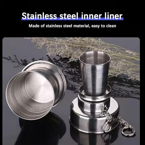 Stainless Steel Collapsible Shot Glasses with Lids - 8.5 Oz (250ml) Travel & Camping Cups - Keychain Included in Saudi Arabia