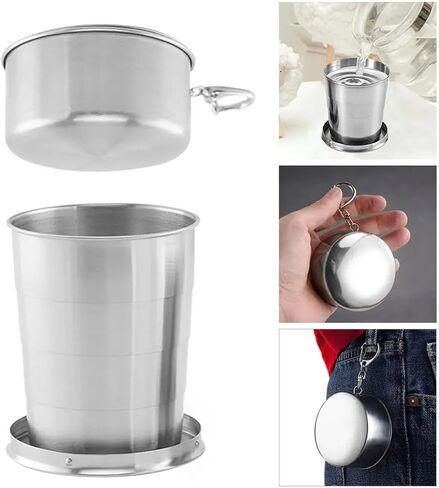 Stainless Steel Collapsible Shot Glasses with Lids - 8.5 Oz (250ml) Travel & Camping Cups - Keychain Included in Saudi Arabia