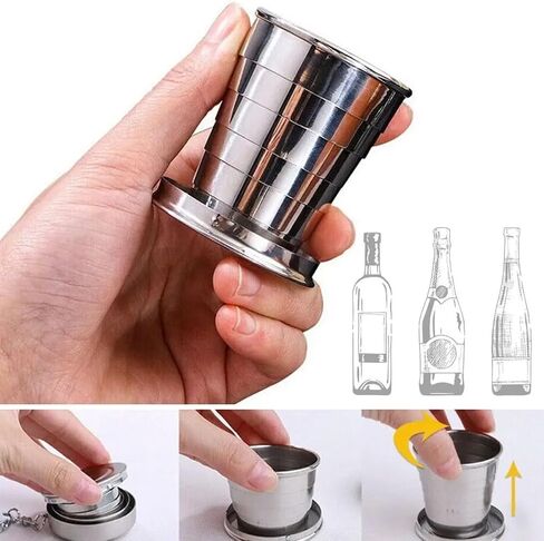 Stainless Steel Collapsible Shot Glasses with Lids - 8.5 Oz (250ml) Travel & Camping Cups - Keychain Included in Saudi Arabia