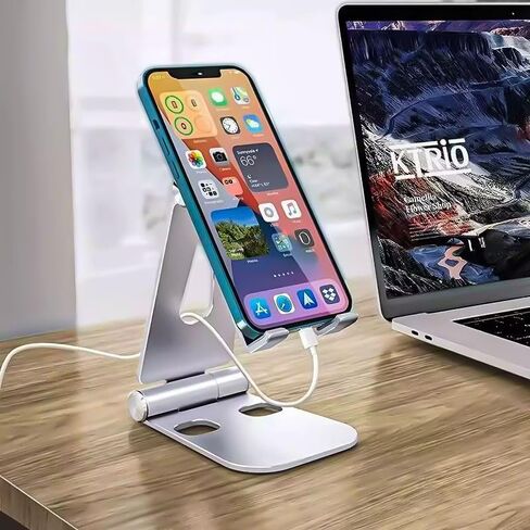 Dual Folding Cell Phone Stand, Fully Adjustable Foldable Desktop Holder, with Phone 16 15 14 13 12 11 Pro, All Phones(Silver) in Saudi Arabia