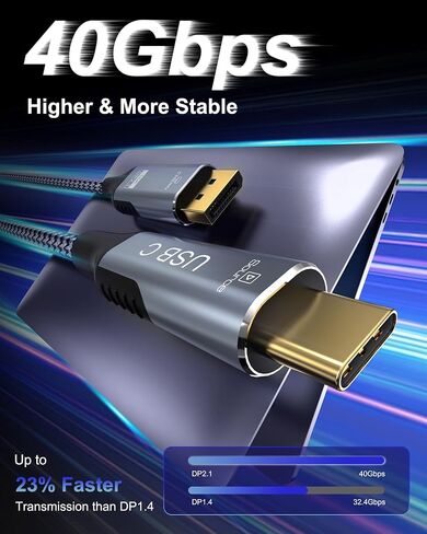 كابل USB C إلى DisplayPort 2.1 16K@30 هرتز 8K@120 هرتز 40 جيجابت في الثانية من النوع C إلى DisplayPort سلك Thunderbolt 3/4/5 متوافق مع iPhone 17/16 Pro Max وGalaxy S25 وMacBook Pro/Air وiPad وXPS و6.6FT in Kuwait