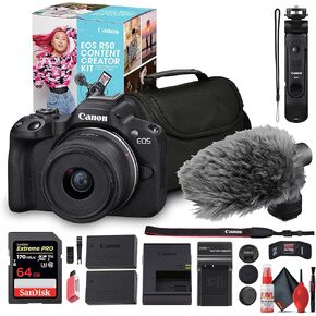Canon EOS R50 Content Creator Kit with 18-45mm Lens | Mirrorless Camera with Mic, Tripod & Flip Screen (Black) + 64GB Memory Card + Bag + Charger + LPE17 Battery + Card Reader + More (Renewed) in Kuwait